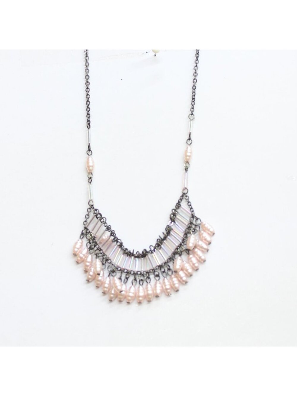 NWT Express Beaded Mini Tassel Fringe Choker Necklace Gunmetal Pink 16" + 4"